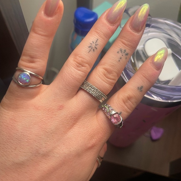 Stamped S925 Sterling Silver Pink Green Cubic Zirconia Inlay Set Flower Ring - Picture 5 of 10